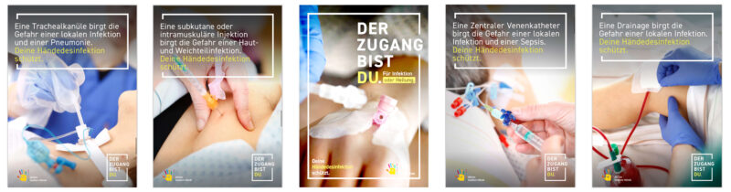 Eine Reihe von fünf Postern, die verschiedene medizinische Prozeduren und die Wichtigkeit der Händedesinfektion zur Vermeidung von Infektionen darstellen. Jedes Poster zeigt eine Nahaufnahme einer medizinischen Handlung, wie die Anlage eines Katheters oder eine Injektion, und enthält einen Text, der auf die Infektionsgefahr und den Schutz durch Händedesinfektion hinweist.