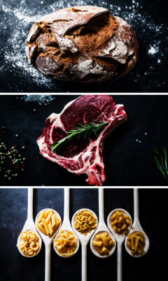 Collage aus drei Bildern: Rustikales Brot, rohes Steak mit Rosmarin und verschiedene Nudelsorten auf Löffeln.