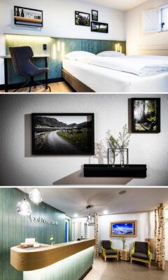 Collage aus drei Bildern: Modernes Hotelbett, Wandbild mit Landschaft und Rezeptionsbereich.